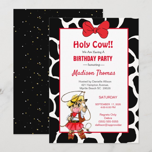 Invitación Cute Red Black Cowgirl Birday Party (Anverso / Reverso)