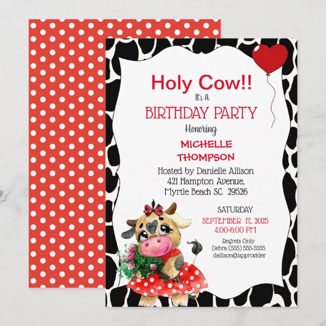 Invitación Cute Red Black Holy Cow Imprimir fiesta de cumplea (Anverso / Reverso)