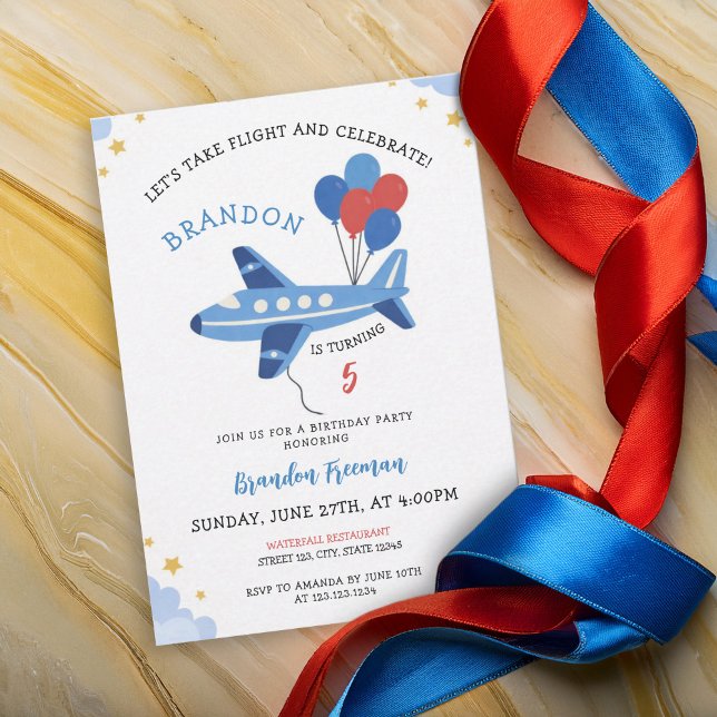 Invitación Cute Red & Blue Airplane Balloon 5th Birthday (Subido por el creador)