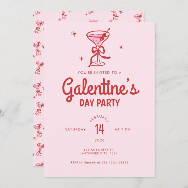 Invitación Cute Red Bow Cocktail Galentine's Day Party (Anverso / Reverso)
