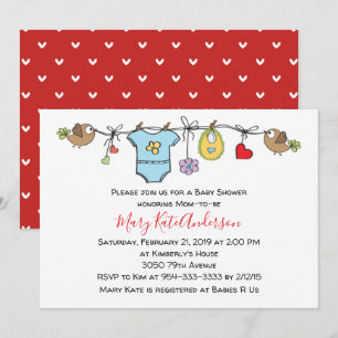 Invitación Cute Red Clothes Line Género Neutral BABY SHOWER