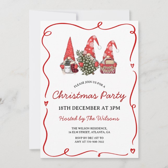 Invitación Cute Red Gnomes Christmas Party (Anverso)