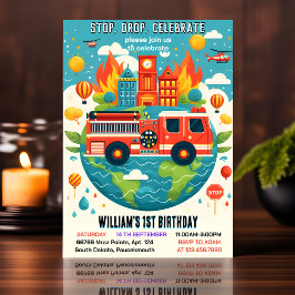 Invitación Cute Red Hot Fire Truck Engine Seguridad 1º cumple