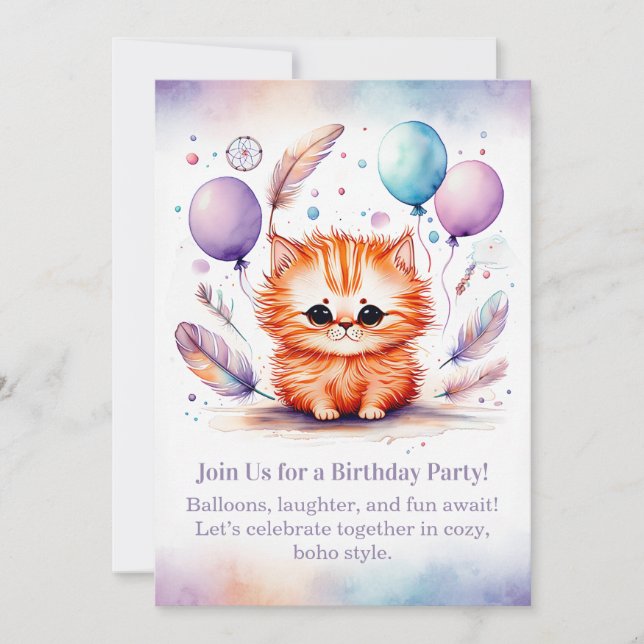 Invitación Cute Red Kitten Birthday Invitation Pastel Boho  (Anverso)
