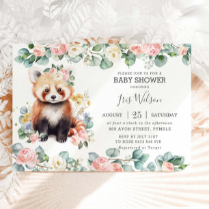 Invitación Cute Red Panda Pink Floral Greeneration Baby Showe