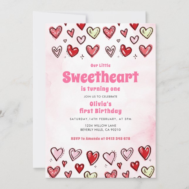 Invitación Cute Red Pink Hearths Valentine 1st Birthday  (Anverso)
