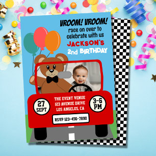 Invitación Cute Red Race Car Kids Birday Photo