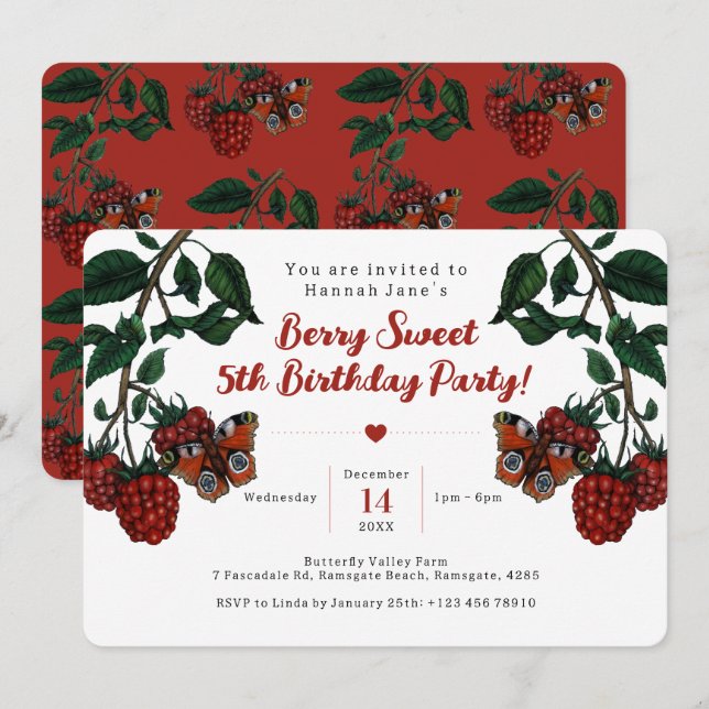 Invitación Cute Red Raspberry Berry Fruit 5ª fiesta de cumple (Anverso / Reverso)
