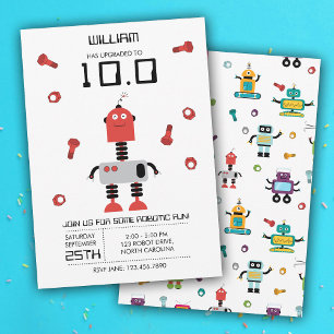 Invitación Cute Red Robot Tema Niños Robots Fiesta de Cumplea