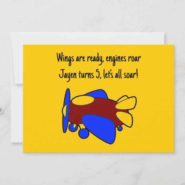 Invitación Cute Red Yellow Blue Airplane Cartoon for Kids (Anverso)