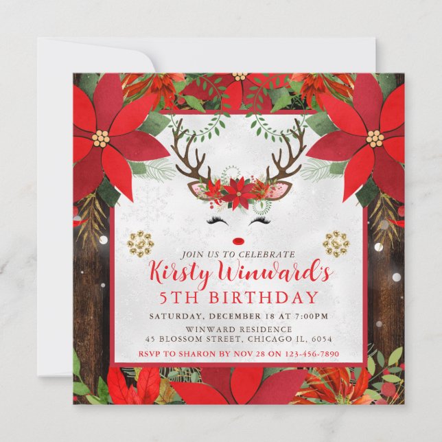 Invitación Cute Reindeer Christmas Poinsettia 5th Birthday (Anverso)