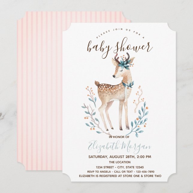 Invitación Cute Reno Ciervo Rayas Rosadas Shower de Bebe  (Anverso / Reverso)