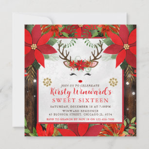 Invitación Cute Reno Navideño Flor de Nochebuena Cumpleaños D