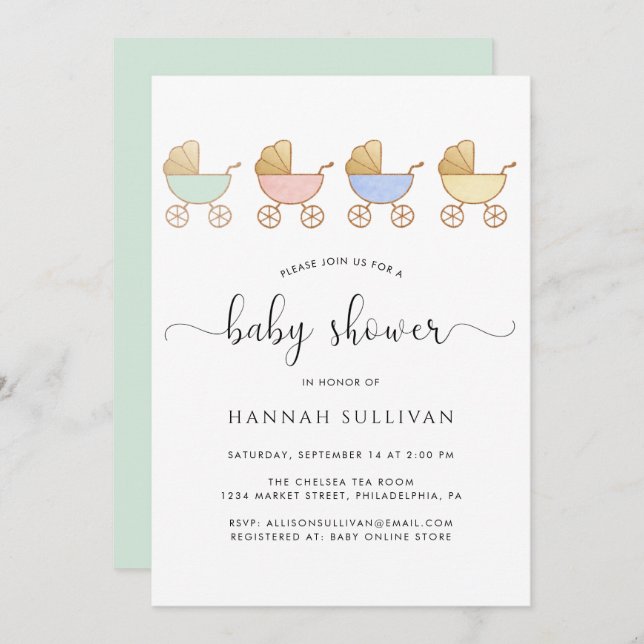 Invitación Cute Retro Carriages Baby Shower Mínimo (Anverso / Reverso)
