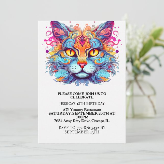 Invitación Cute Retro Kitty Cat Birthday Party (Anverso de pie)