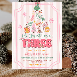 Invitación Cute Retro Pink Girl O Christmas Three Birthday