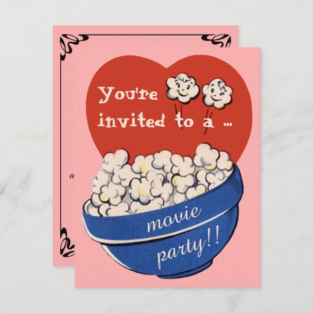 Invitación Cute retro Popcorn y fiesta de cumpleaños nocturna (Anverso / Reverso)