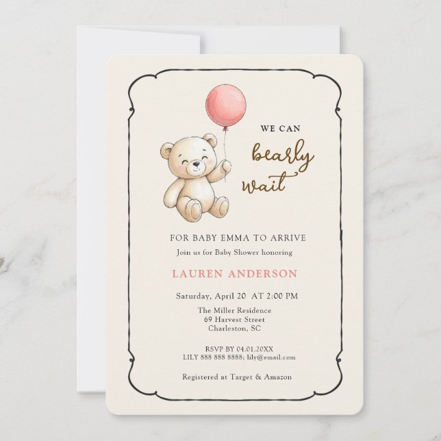 Invitación Cute Retro Teddy Bear, Girl Baby shower (Anverso)