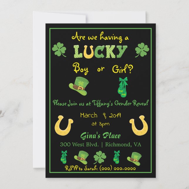 Invitación Cute revelación de género en el Día de San Patrici (Anverso)