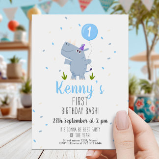 Invitación Cute Rhino First Birthday Party Card