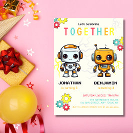 Invitación Cute Robots Niños Juntos Cumpleaños Conjunto