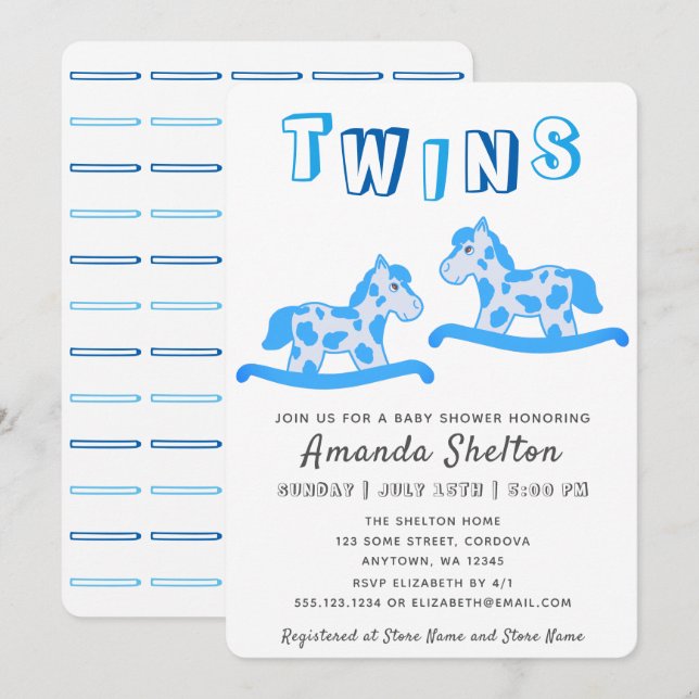 Invitación Cute Rocking Horse Blue Boy Twins Baby Shower (Anverso / Reverso)