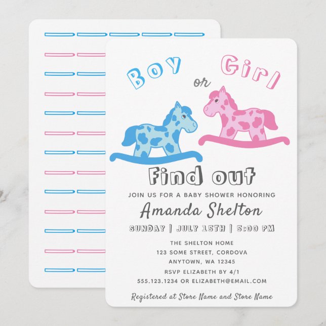 Invitación Cute Rocking Horse Gender Revelan Baby Shower (Anverso / Reverso)