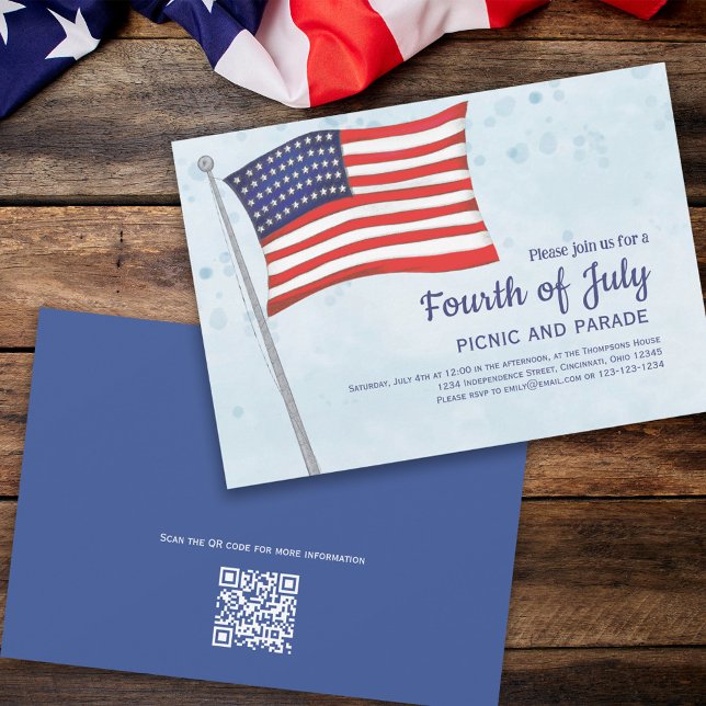 Invitación Cute Rojo Azul Blanco Azul Marrón Cuarto De Julio  (Fourth of July party invitation with red, white, and blue flag. )