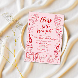 Invitación Cute rojo peculiar doodle fiesta de Año Nuevo