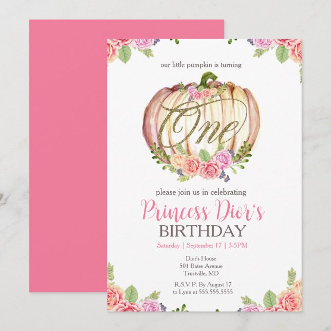 Invitación Cute rosa calabaza Flor acuática 1er cumpleaños (Anverso / Reverso)