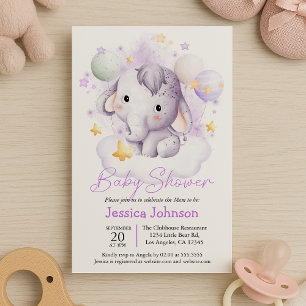 Invitación Cute rosa elefante Stars Watercolor