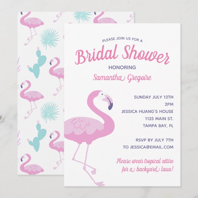Invitación Cute rosa Flamingo Tropical Verano Ducha de Novias (Anverso / Reverso)