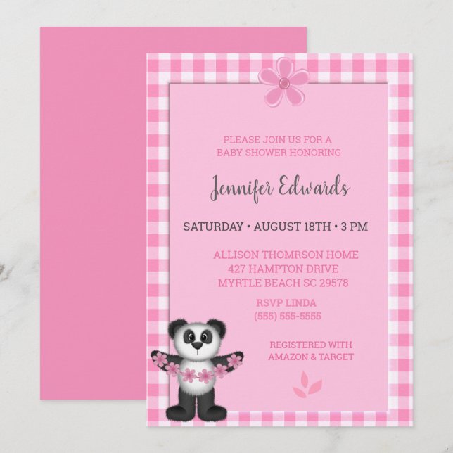 Invitación Cute rosa Floral Panda Bear Baby Shower (Anverso / Reverso)