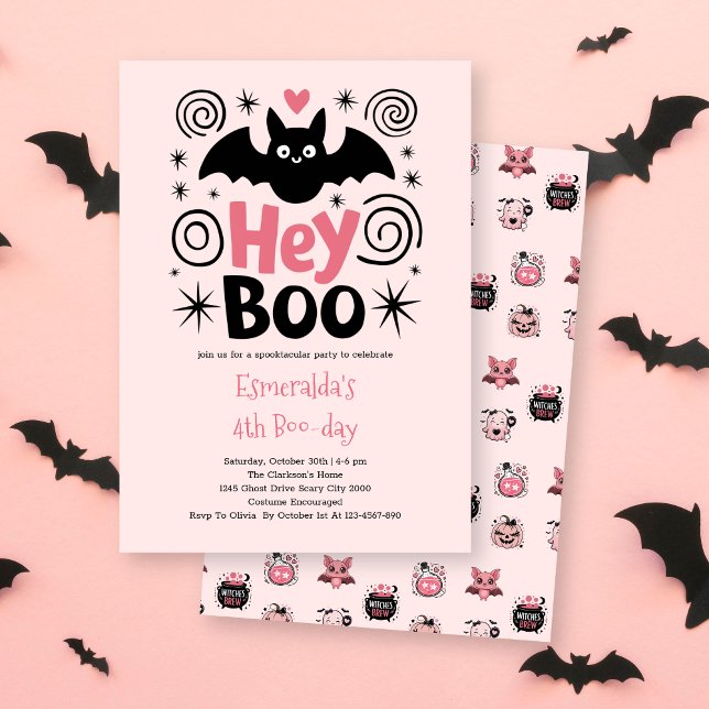 Invitación Cute rosa Halloween Boo Bat Cumpleaños (Subido por el creador)