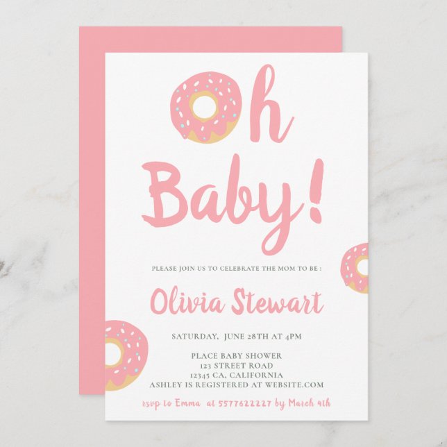 Invitación Cute rosa oh baby donut script baby shower (Anverso / Reverso)