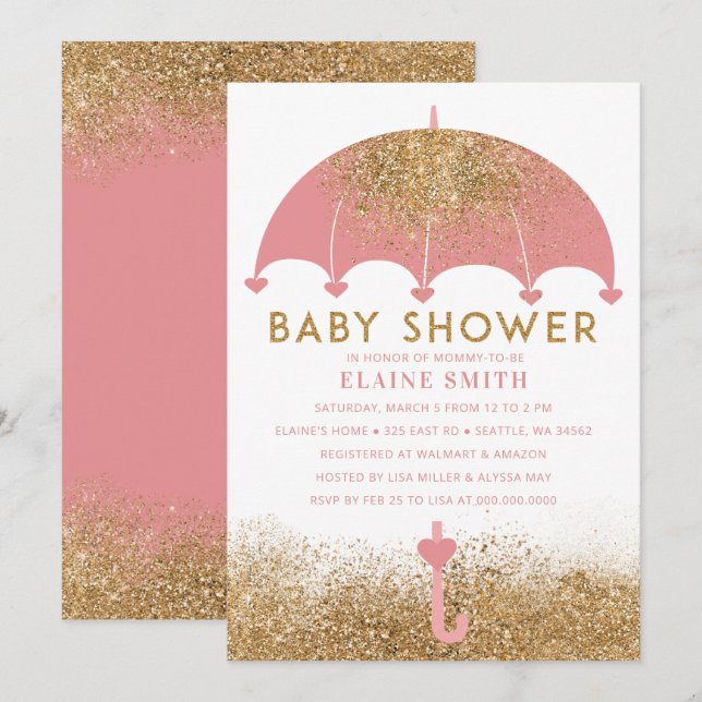 Invitación Cute rosa Purpurina oro paraguas Baby Shower (Anverso / Reverso)