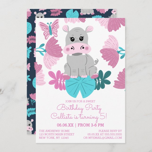 Invitación Cute rosa Verde azulado Hippo Floral Mariposa Cump (Anverso / Reverso)