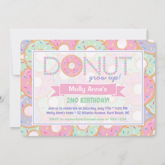 Invitación Cute Rosa y Morado Donut Crecer Cumpleaños (Anverso)