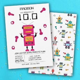 Invitación Cute rosado Robot Tema Niños Robots Fiesta de cump
