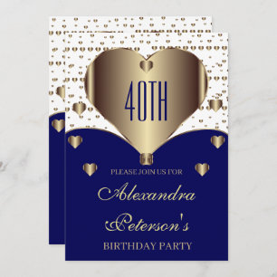 Invitación Cute Royal Blue White Y Golden Hearts Cumpleaños