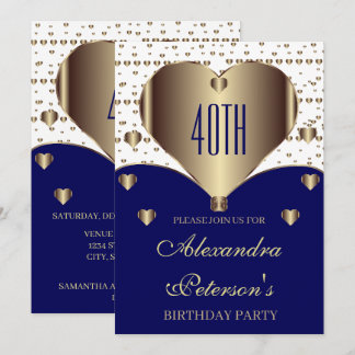 Invitación Cute Royal Blue White Y Golden Hearts Cumpleaños