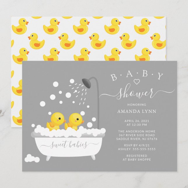Invitación Cute Rubber Duck Twins Baby Shower (Anverso / Reverso)