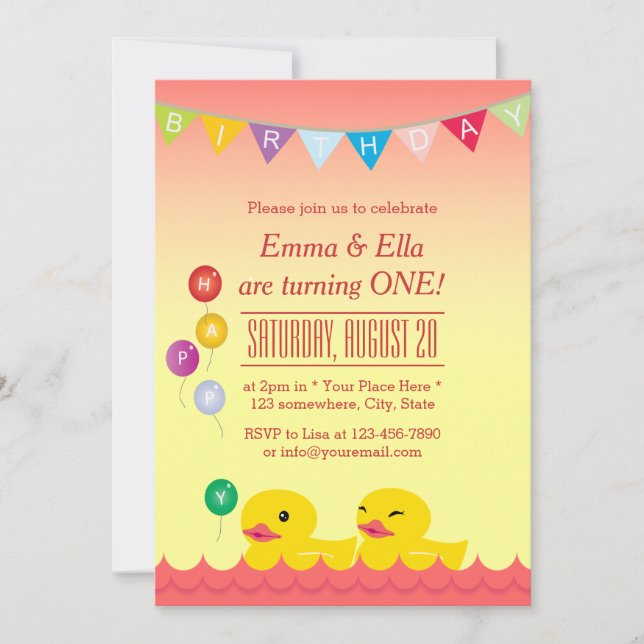 Invitación Cute Rubber Ducks Twin Girls Birthday Party (Anverso)