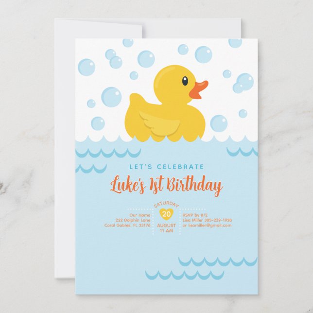 Invitación Cute Rubber Ducky Kids Primer Fiesta de cumpleaños (Anverso)