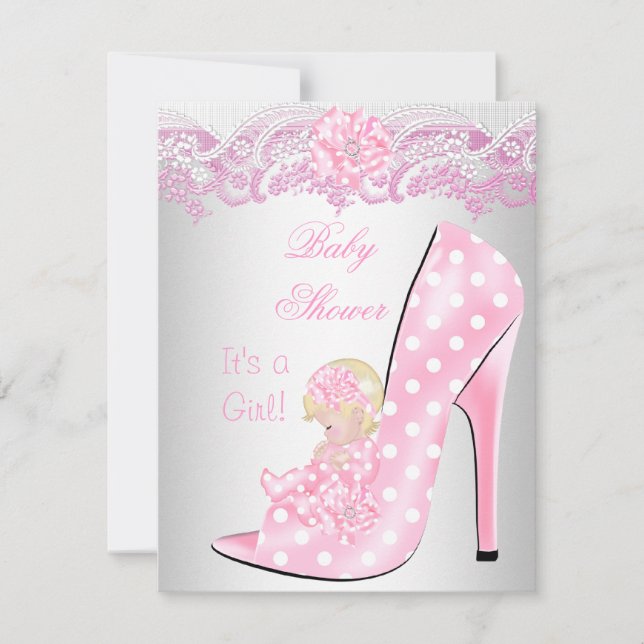 Invitación Cute rubia Chica Baby Shower zapato para bebé rosa (Anverso)