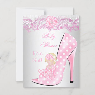 Invitación Cute rubia Chica Baby Shower zapato para bebé rosa