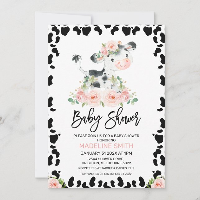 Invitación Cute Rubor Floral Cow Baby Shower (Anverso)