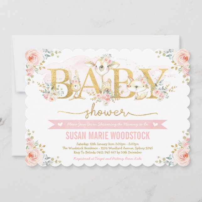 Invitación Cute Rubor Floral Woodland Forest Chica Baby Showe (Anverso)
