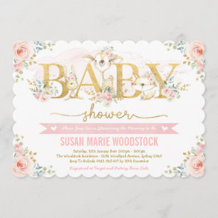 Invitación Cute Rubor Floral Woodland Forest Chica Baby Showe
