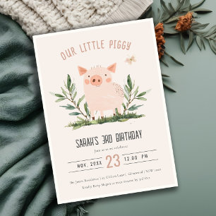 Invitación Cute Rubor Little Farm Pig Butterfly Kids Cumpleañ